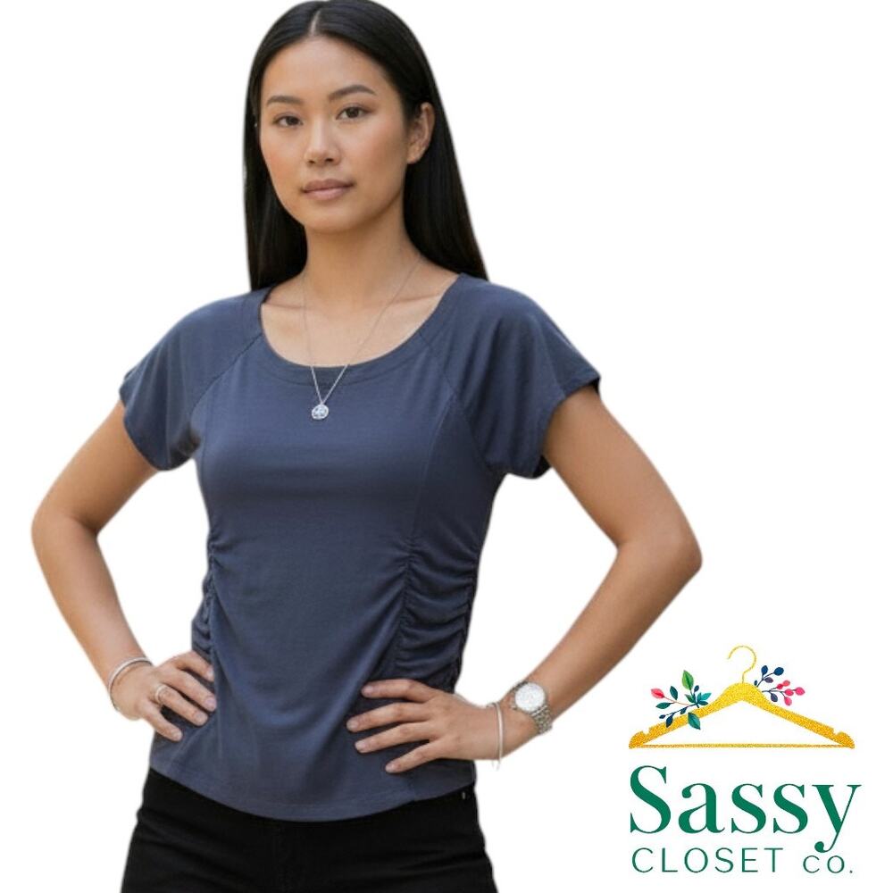 ✨Soft Surroundings Blue Ruched Scoop Neck Top Stretch Cotton Blend M EUC💙